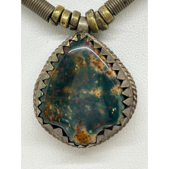 Natural Stone Jewelry - Ethnic Tribal Necklace with Bloodstone Jasper Pendant Brass Setting and Beads